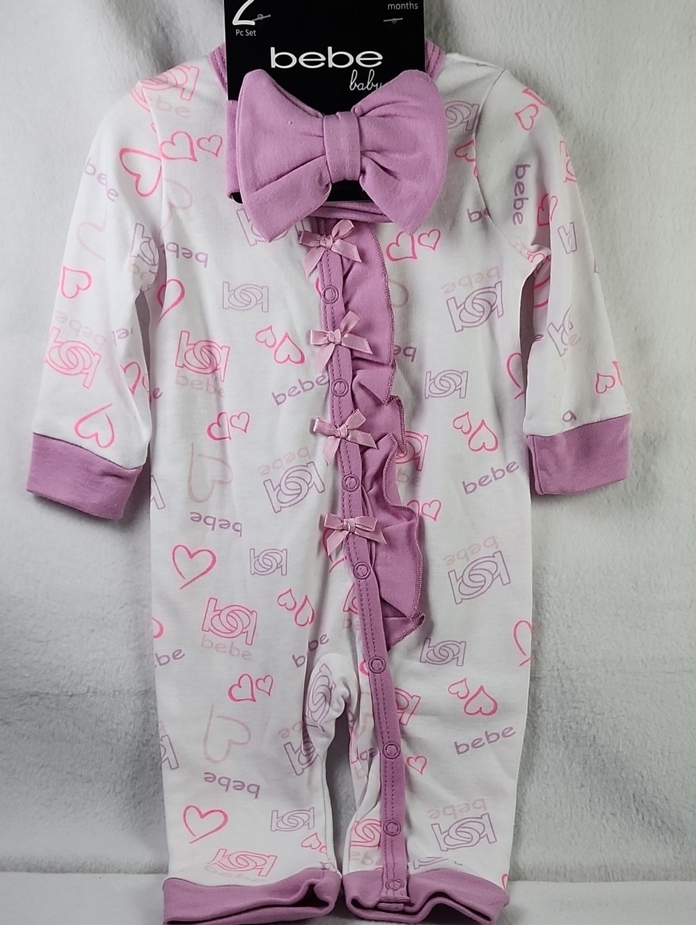 bebe Girls Pink & White Heart Ruffle Bow One-Piece Footie